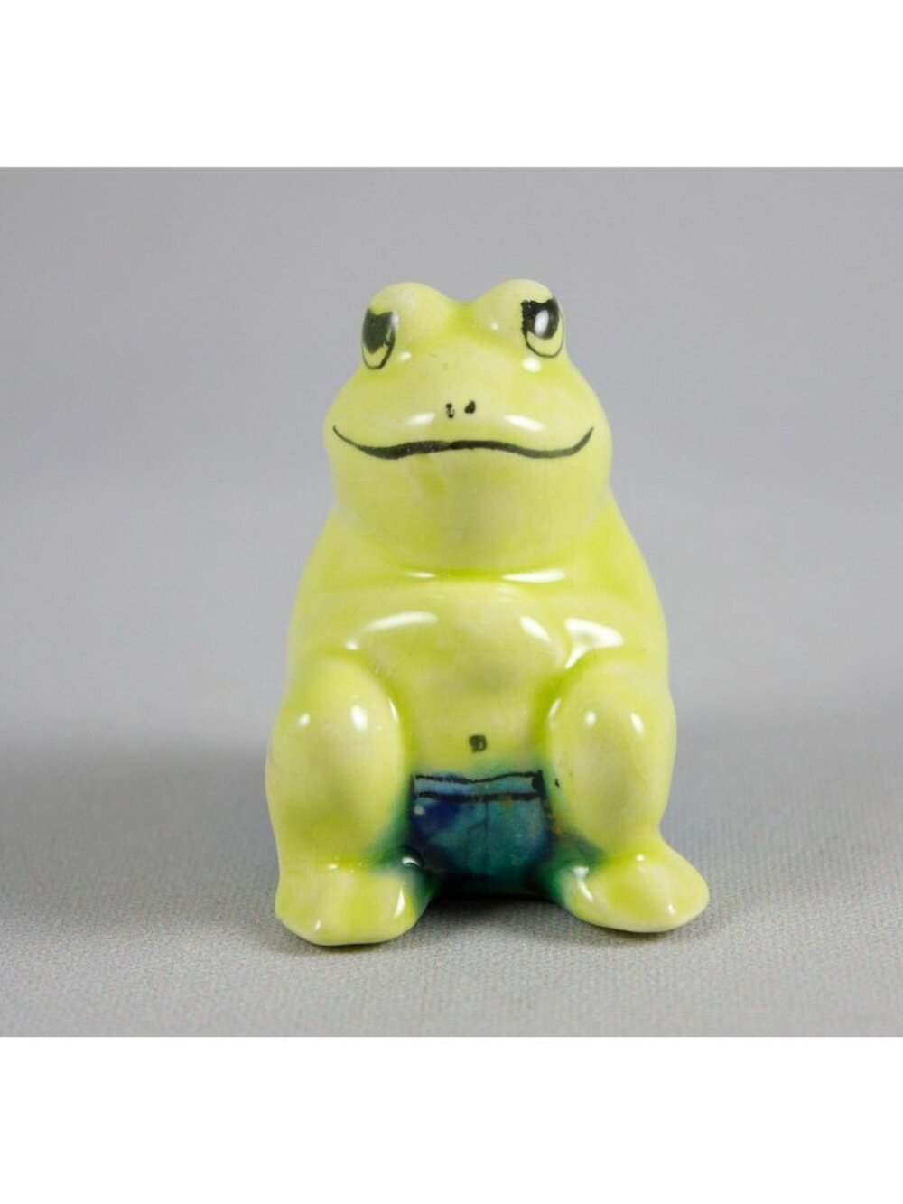 Vintage 1980's Miniature Green Ceramic Frog Figurine with Blue Print Shorts